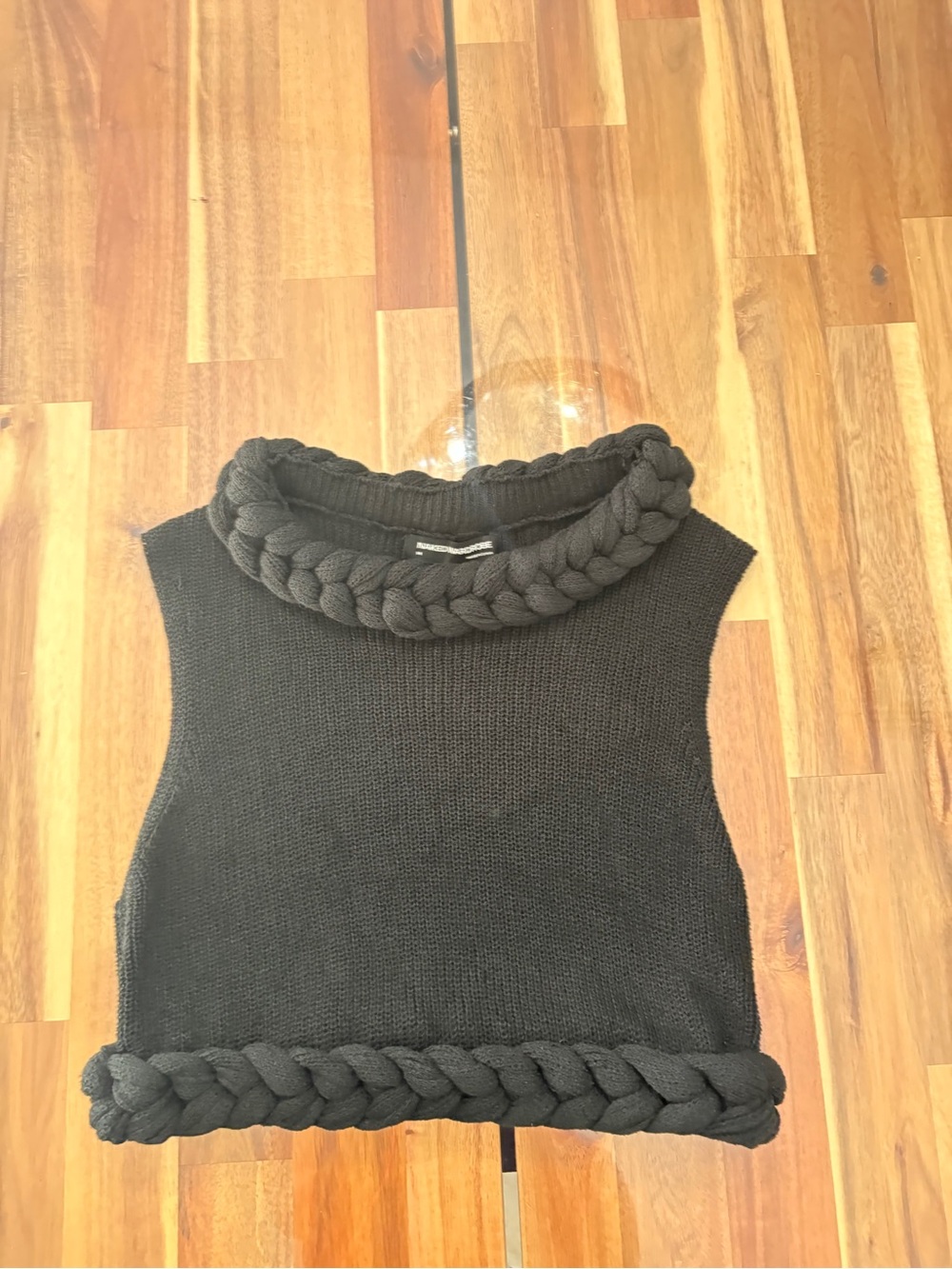 NWOT Naked Wardrobe Sz M Black Rib Knit Braid Trim Crop Top Sheer - Picture 5 of 12